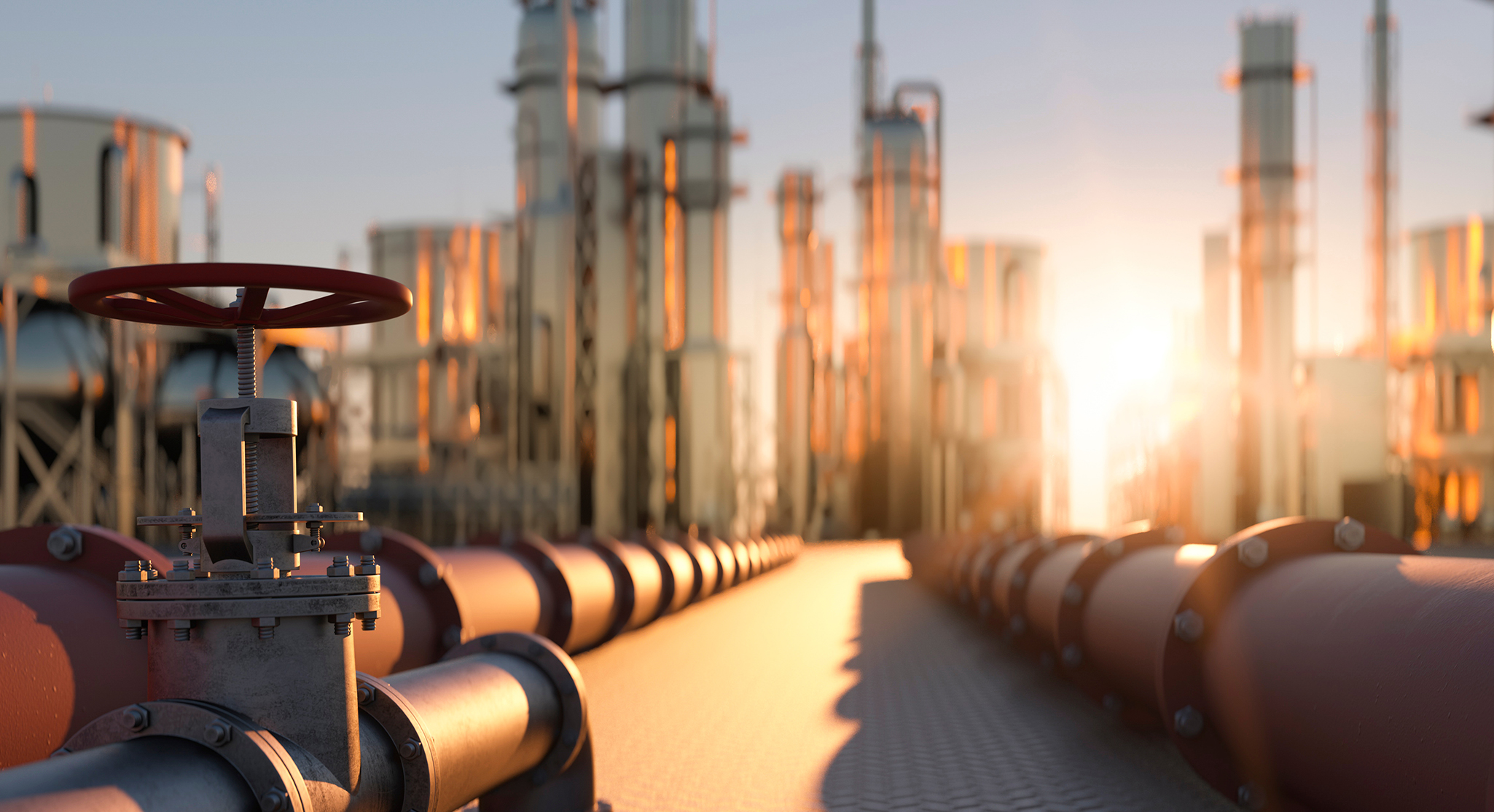 Large industrial gas pipelines in a modern refinery at sunrise 3d render