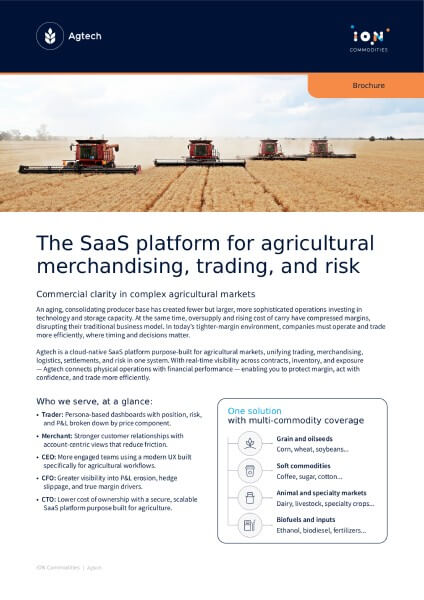 Agtech SaaS brochure showcasing agricultural merchandising trading and risk